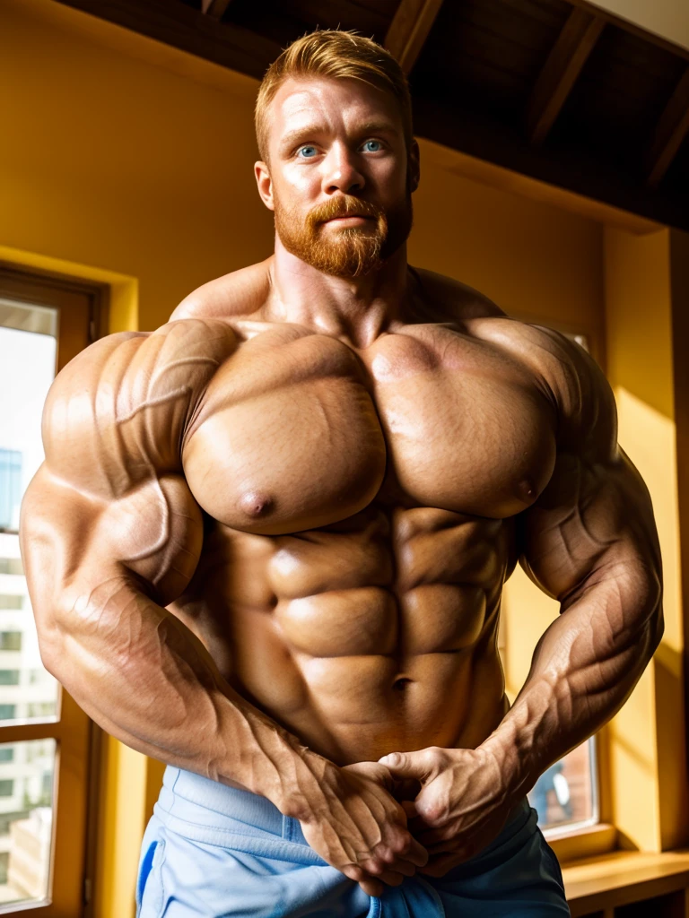 ginger daddy, teacher, tan skin, (natural daylight:1.3), (good face:1.5), (male model:2.3), dimly lit, dark studio, very handsome male model with a beard, ginger, handsome, (beautiful:1.3), gorgeous, high quality face, ginger, perfect biceps, (round biceps:1.5), realistic face, (gigantic bodybuilder:1.9), classroom, (defined muscles:2.5), (extremely detailed and defined pectoral muscles:2.5)