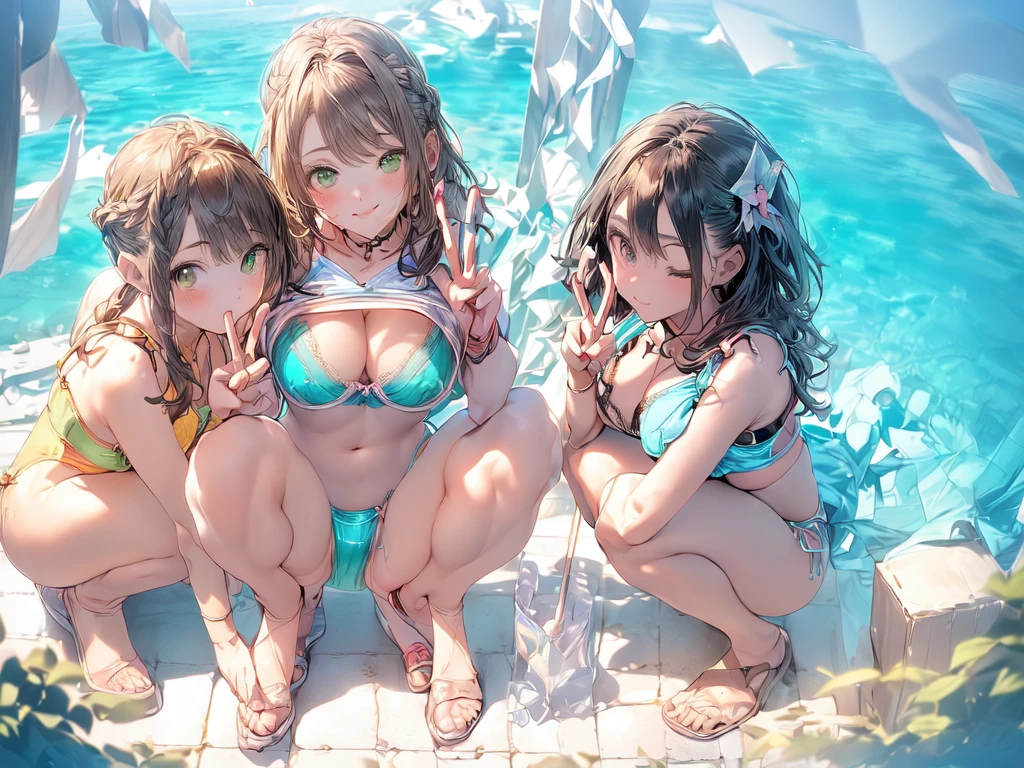 nswf:1.3,((masterpiece, highest quality, High resolution, 超High resolution, Pixel Perfect, Written boundary depth, 4k, RTX, human development report))), 1 girl, single, alone, beauty、see the whole body、((((looking up at viewer:1.2)))), (masterpiece: 1.2, highest quality, masterpiece, Clearer images), (Bright colors), ((Take clear photos even from a distance)), (Multiple Girls), (Harem),(School ), (field),((16 years oJapanese((6 girls), (((infant' Face))), ((Group shot)), ((Group selfie)),Wide-angle, Soft Light, (Slightly larger breasts), ((viewers love it)), Landscape、((breast grab:1.3)),(((bra lift:1.2)))、((Green Eyes, Beautiful eyelashes, Realistic eyes)), ((Detailed face, blush:1.2)), ((Smooth texture:0.75, Vibrant质感:0.65, Vibrant:1.1, Anime CG Style)), Medium breast, Perfect body, Beautiful curves、beautiful legs、thin、smile, attractive way to sit, Aerith Gainsbourg, Hair Ribbon, bracelet, brown hair, Side Lock, Parted bangs, Green Eyes, Braid, (((transparent swimwear:1.5))),(((transparent swimsuit))),(Sit with your legs apart), ((((Squatting pose)))), (Her legs were spread), (I was made to sit on the floor with my legs apart..) ,Please sit facing me、 thin脚, ((((open legs:1.5)))、((breast grab:1.3)),(((bra lift:1.2)))、one eye closed、stick out one's crotch、selfie、((peace sign))