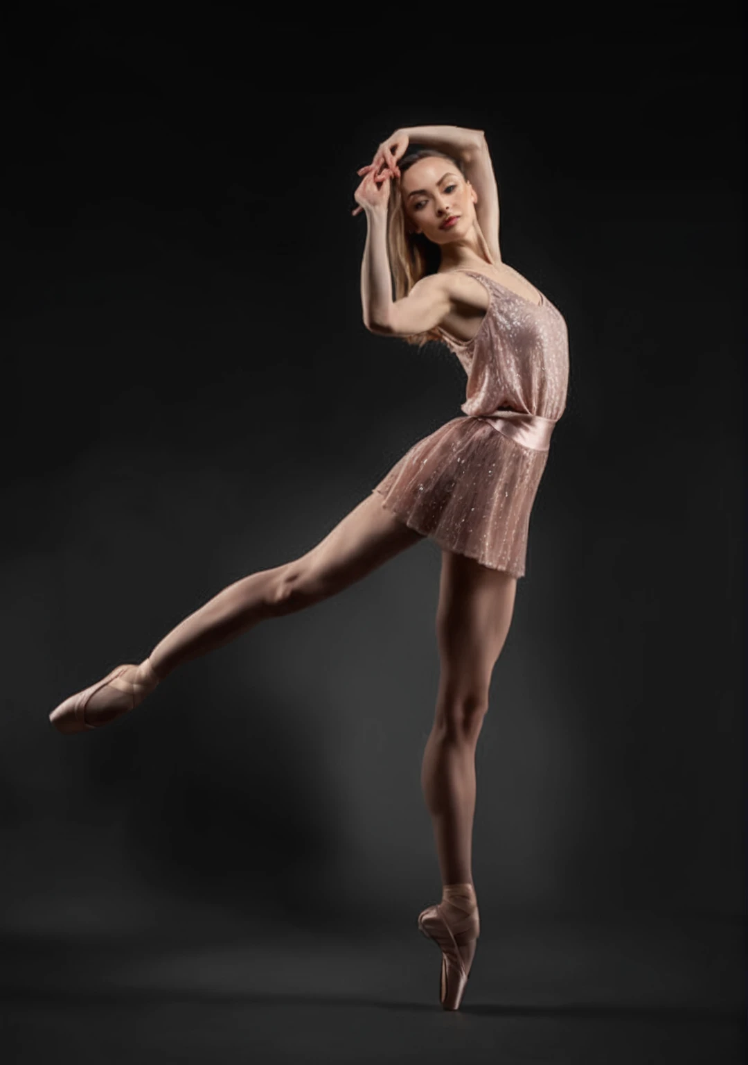 A woman in a short skirt is dancing ballet, The dancer assumes a posture where the left foot is on tiptoe and the right foot is raised backwards, dancer standing on one leg, ballet star pose.Angelina Stroganova, Alina Ivanchenko, ballet style poses, Inspired by Elizabeth Polunin, Victoria Gavrilenko, dynamic dance photography, 