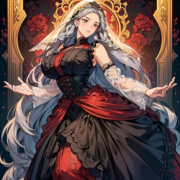 (Anime Moe Style)),((game CG)),(masterpiece),(highest quality), (Very detailed),shape,((Very delicate and beautiful)), ,Embarrassed expression,Watching the audience,(((18 years old female)),((whole body)),Detailed face and eyes,Intense eyes like jewels,(Complicated hairstyle),,,(Super huge breasts,Long and saggy breasts,) Voluptuous body Silver hair, black eyes A long-sleeved, long-skirted dress made of gorgeous lace. A body-hugging lace outfit. Gorgeous black and red lace fabric. Princess line with gold thread. Sleeveless. Veil on head. Raging eagle pose.