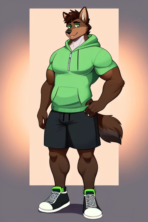 Art by Rubberbuns, Furry, anthropomorphic wolf, Russet brown fur, dark brown hair, black on the tips of his ears, black on the end of his tail, dark sap green eyes, 6'1 and 173 lbs, 41" Chest, 19" Shoulders, 13" Biceps, 32" waist, 23" Thighs, 15" Calves, 19" Back, wearing lime green hoody, zipper on hoody, wearing gray-green T-shirt, wearing Grayish-green sweat shorts, wearing dark slate gray slip on shoes, soft colors, vivid colors, pastel colors, soft shading