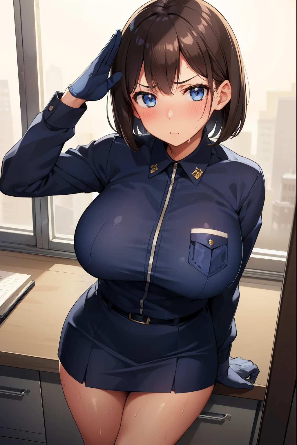 ,1 girl,Navy Blue American Police,navy blue mini skirt,blue eyes,serious face,brown hair,bob hair,New York City,Big Breasts,blush,Sweat,diagonal,thin,director&#39;office,Get on your desk, salute
,Are standing