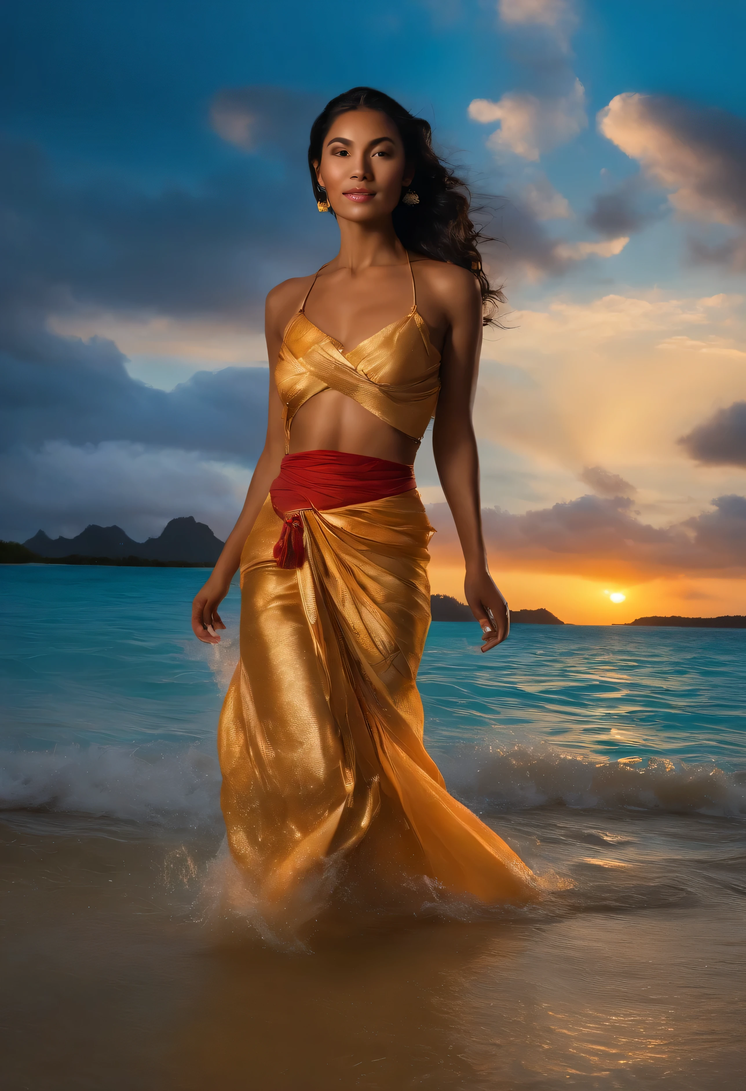 A beautiful Tahitian woman stands in the lagoon, dressed in a vibrant, ancient Chinese robe that flows fluidly around her. The sun sets, casting a warm golden glow across the landscape as she runs through the field. Her dress, with its big, stretching nipples, billows behind her like a water jet. Her movements are graceful and fluid, rhythmic like a dancer's. Overwhelmed by a sense of wonder and magic, she explores the world around her with sparkling eyes full of endless possibilities.

Detailed description:

In the serene, tranquil setting of a Tahitian lagoon, a stunning, young woman dressed in