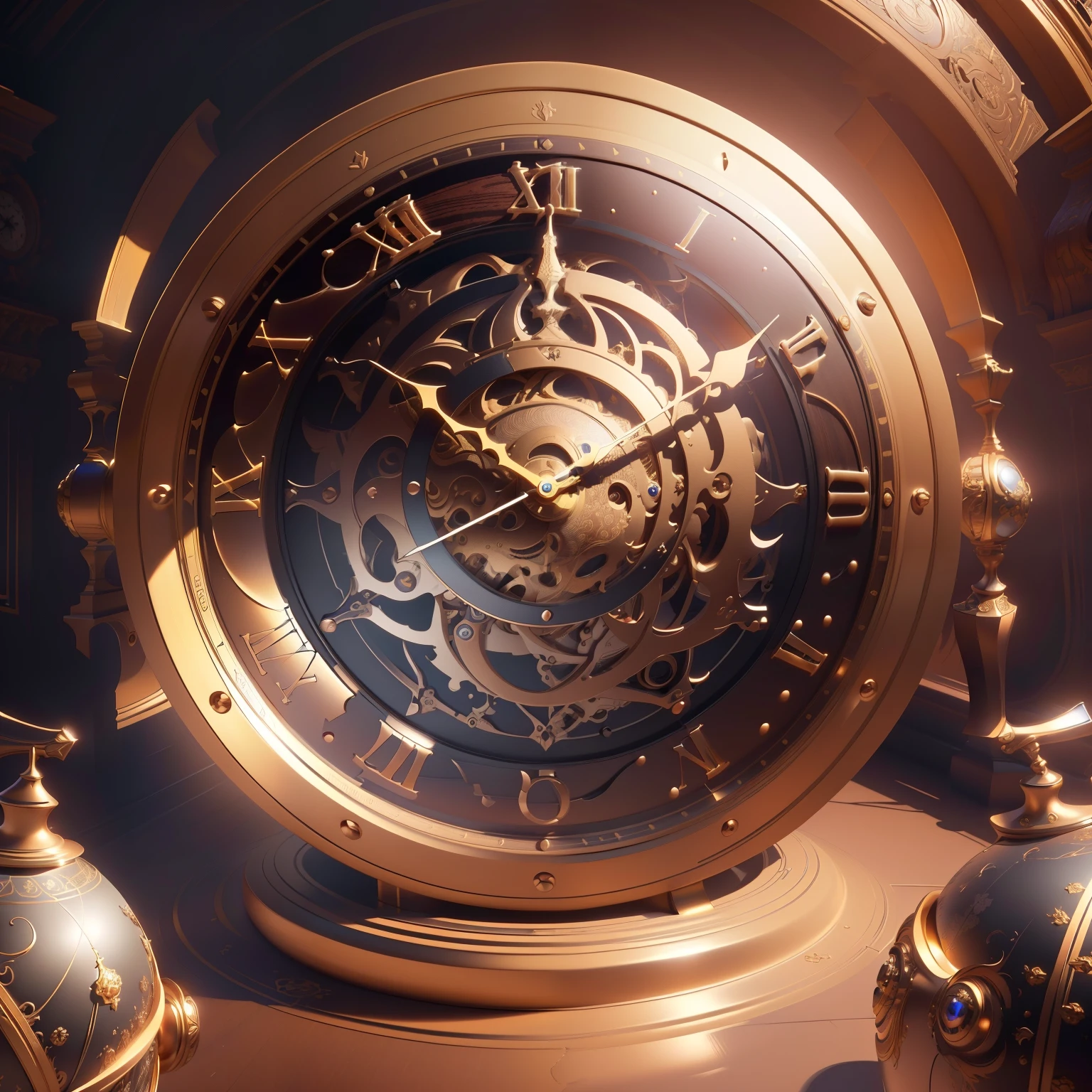 Complete clock，masterpiece, best quality, (Extremely detailed CG unified 8k wallpaper), (best quality), (Best Illustration), (The best shadow), absurd, Realistic lighting, (abyss), Beautiful and detailed light, Artworks by Peter Mohr Bacher,(No human-related:1)