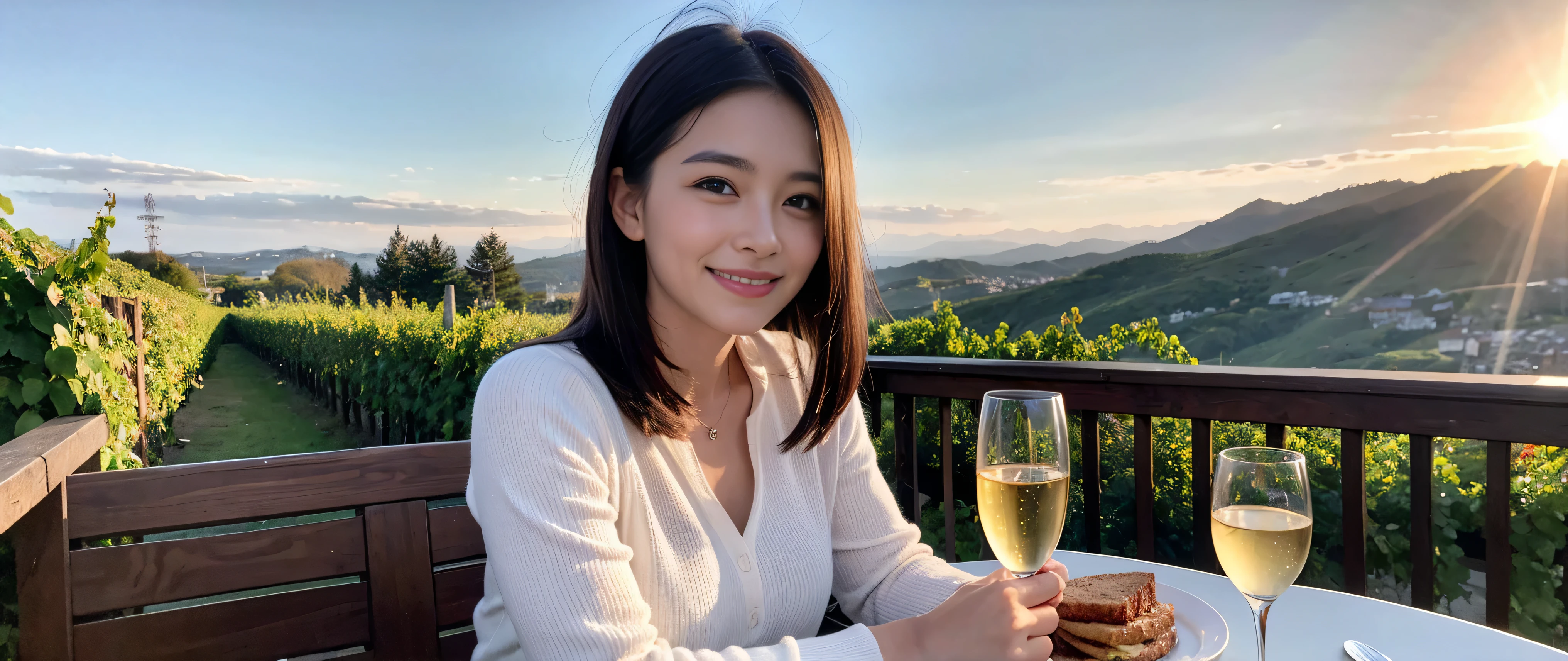 ((highest quality、8K、masterpiece:1.3))、Beautiful woman perfect body:1.4、Slim body、((Bob Hale、Straight hair:1.2))、 Ultra-high resolution, Bright image、2. The beauty of wine, Beautiful Face, blue eyes, Fine grain, The light shines on your face, Blushing your nose, short hair,Spectacular view of the sunset sky and clouds、Amazing mountain views、A bright smile、A lovely woman with a smile、bright face、Fox face、Lady、Champagne、Wine bottle、wine glass、red wine 、Appetizer、Italian food、Two beauties、brown hair、Shortcuts、Long sleeve shirt、Winter Fashion、dress、Wine bottle、sparkling wine、Pretty Woman 1, (slim face), (brown hair), (Shortcuts), cheeks turn a little red, (42 years old), 39 years old, charming beauty、restaurant, Nova Frog Style, actress, model, Upper Body, White wine, slim, wine glass, wine glass placed in the middle, smile, (smile: 1.15), Beautiful fine grain, Strong light and shadow,Moist Body:1.5、Delicate eyes、brown hair、The hair is very shiny、