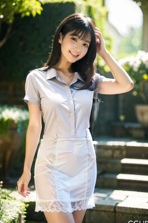 thin、Office uniform with short sleeves、OL Shirt、gray、grey、The hem of the clothes is sticking out、The slip below is visible、The bottom of the shirt is sticking out