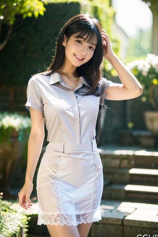 thin、Office uniform with short sleeves、OL Shirt、gray、grey、The hem of the clothes is sticking out、The slip below is visible、The bottom of the shirt is sticking out