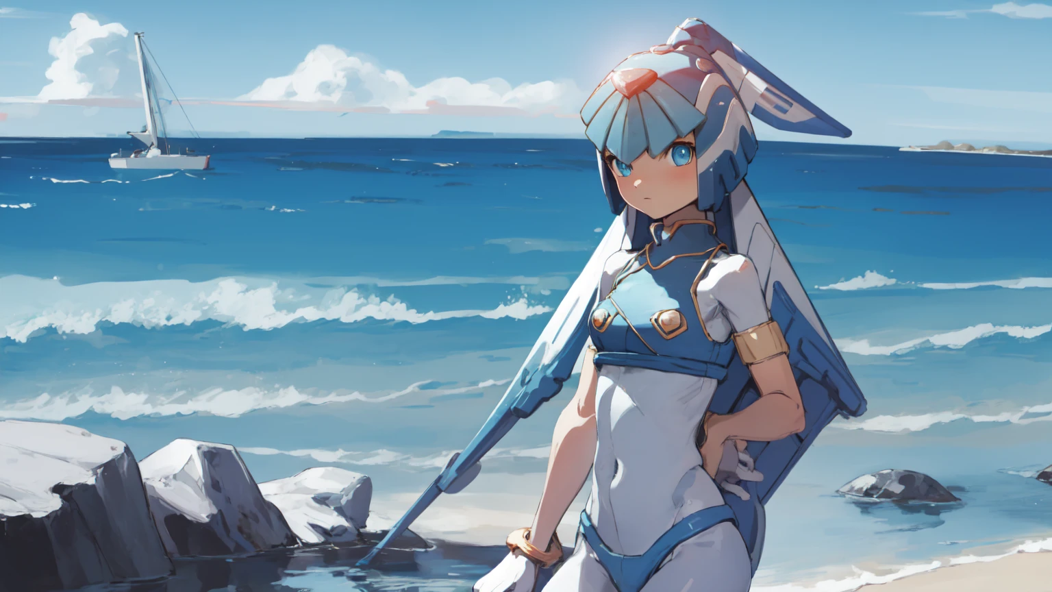 beach background, Standing, leaning on a rock, looking towards the sea flushed , Blue Micro bikini, Blue eyes , Sitting on a sea chair
