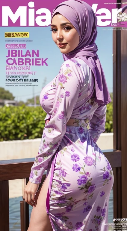 Magazine Cover, floral pattern print baju kurung, lilac color, Side Chest, ( long Sleeve:1.2), ,From the side, hijab, small breast, big hips, thick thigh, slim,malay girl wear hijab,