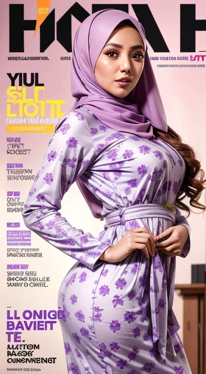 Magazine Cover, floral pattern print baju kurung, lilac color, Side Chest, ( long Sleeve:1.2), ,From the side, hijab, small breast, big hips, thick thigh, slim,malay girl wear hijab,