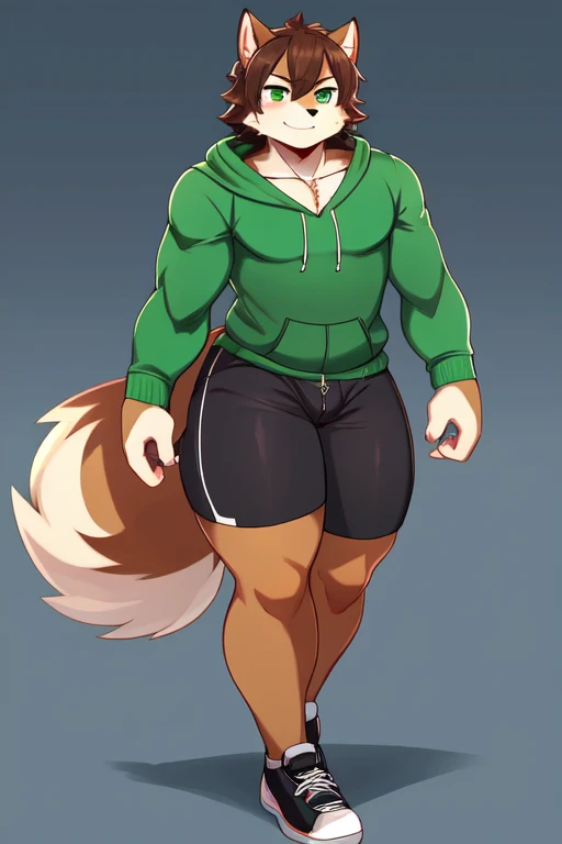 Furry, anthropomorphic wolf ( 70% Gray Wolf, 25% Tamaskan wolfdog, 5% Dingo), Russet fur, dark brown hair, dark green eyes, 6'1 and 173 lbs, 41" Chest, 19" Shoulders, 13" Biceps, 32" waist, 23" Thighs, 15" Calves, 19" Back, wearing lime green hoody, gray-green T-shirt, gray-ish green sweat shorts, wearing dark slate gray slip on shoes