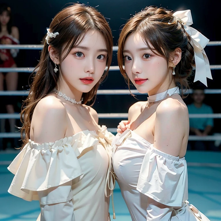 ((masterpiece: 1.4, best quality))+,(ultra detail)+, official art, unity 8k wallpaper, ultra detail, beautiful, high quality, Highlight your cute face, masterpiece, best quality, semi straight medium length hair, Bangs up to the eyebrows, (((Always in the pro wrestling ring))), (Off-shoulder white swimming bot:1.5)), (((bust:1.5))), High exposure, skinny body,masterpiece, high quality, 8 thousand, beautiful spotlight, no. no. no. no. No. 1 girl group idol in Korea, ((vivid:1.5)), ((brown eyes, blonde hair:1.3)), (Small and round breasts:1.2), ((colorful earrings, white neck choker, white short lace gloves)), 18 years old, small face, looking at viewer, (hairpin with larger ribbon:1.4),(skinny abs:1.1), (They look at each other and look very happy :1.5), ((Both cheeks turn red)), Accurately distinguishes between the bodies and limbs of two people....:1.5