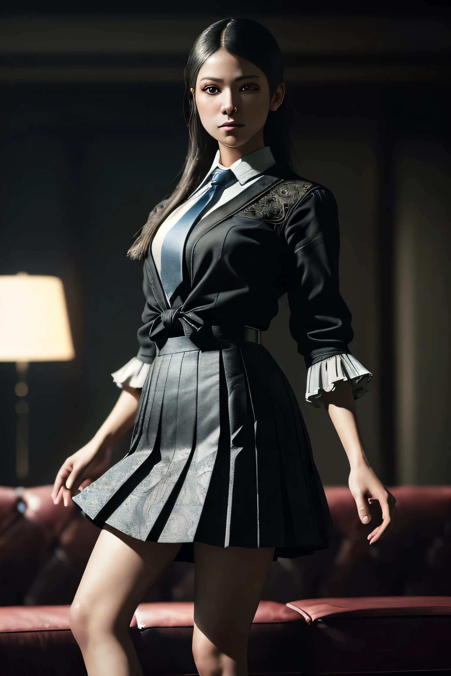 (masterpiece), (extremely intricate:1.3), (realistic), portrait of a girl, (dark fantasy, gore), (dynamic perspective), the most beautiful in the world, (kick viewers lightly), indoors, from below, shirt, tie, pleated skirt, high-heeled sandals, smirk, distant couch, Hirosaki, Aomori, professional photograph of a stunning woman detailed, sharp focus, dramatic, award winning, cinematic lighting, octane render unreal engine, volumetrics dtx, (film grain, blurry background, blurry foreground, bokeh, depth of field)