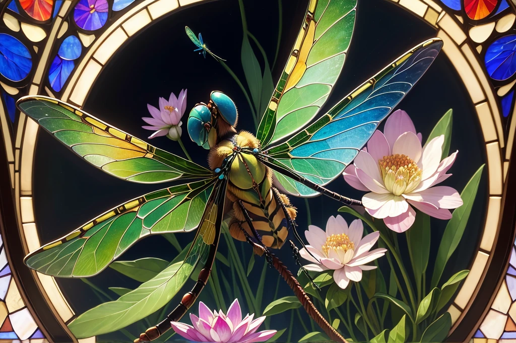 a close up of a dragonfly sitting on a flower in a pond, a mosaic inspired by Louis Comfort Tiffany, flickr, cloisonnism, stained glass art, contest winning masterpiece, glass mosaic, breathtaking detail, dragonfly, masterpiece stained glass, maxim verehin stained glass, amazing, stained glass wings, dragonfly-like, dragonfly-shaped, dragonflies, stunningly detailed