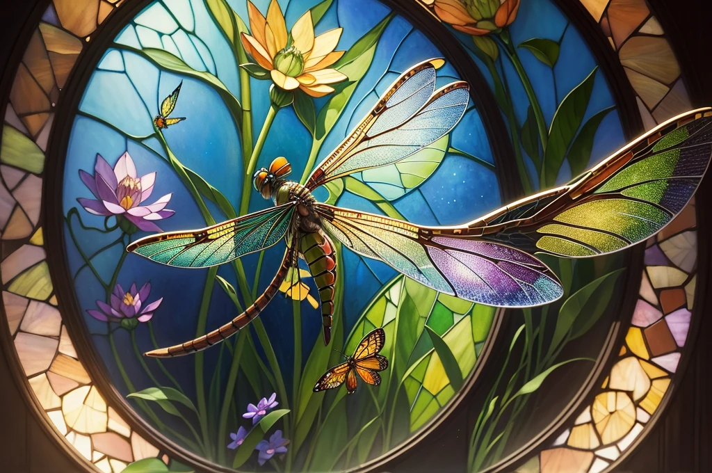 a close up of a dragonfly sitting on a flower in a pond, a mosaic inspired by Louis Comfort Tiffany, flickr, cloisonnism, stained glass art, contest winning masterpiece, glass mosaic, breathtaking detail, dragonfly, masterpiece stained glass, maxim verehin stained glass, amazing, stained glass wings, dragonfly-like, dragonfly-shaped, dragonflies, stunningly detailed