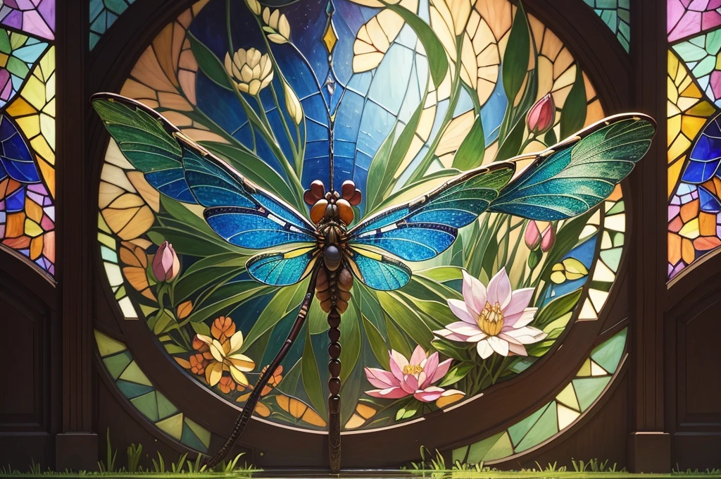 a close up of a dragonfly sitting on a flower in a pond, a mosaic inspired by Louis Comfort Tiffany, flickr, cloisonnism, stained glass art, contest winning masterpiece, glass mosaic, breathtaking detail, dragonfly, masterpiece stained glass, maxim verehin stained glass, amazing, stained glass wings, dragonfly-like, dragonfly-shaped, dragonflies, stunningly detailed
