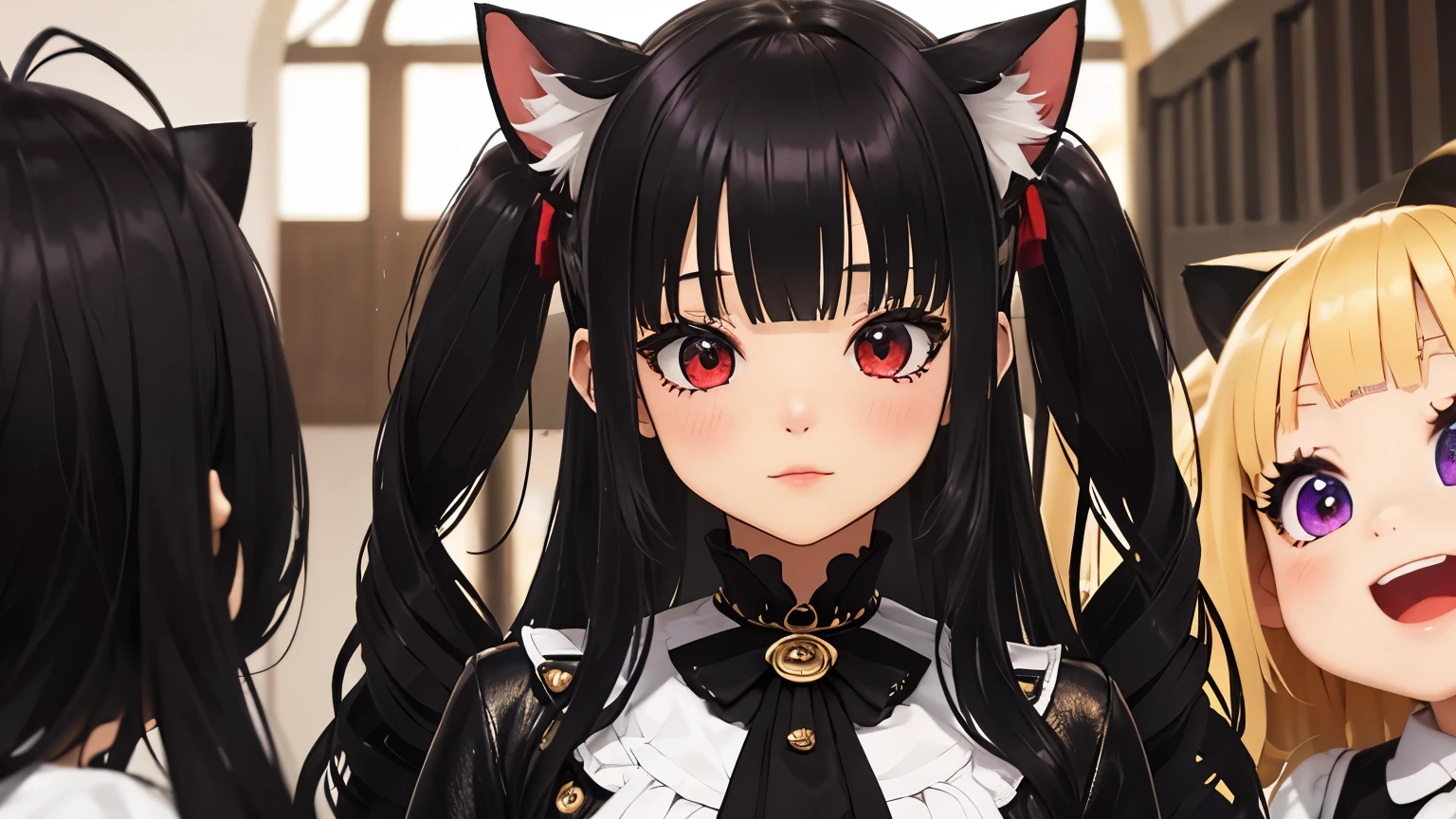 Bimbo Paradise、cinco chicas:1.8, debajo del pecho:1.8 ,(( 1 chica long hair slightly wavy slightly past the shoulders, black bangs, small black pigtails on the sides, cute cat ears, beautiful thin red eyes, surrounded by characters from classic 90&#39;s video games)),