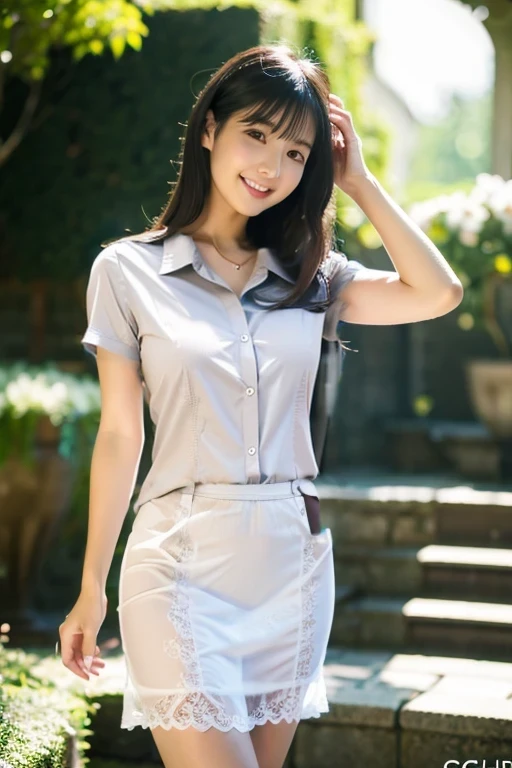 thin、Office uniform with short sleeves、OL Shirt、gray、grey、The hem of the clothes is sticking out、The slip below is visible、hem of shirtが出ている、hem of shirt