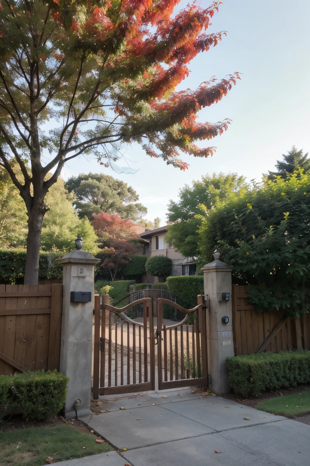 The picture at the door，A red leaf tree on the left，A leafy tree，Brown fence gate in the middle，Pink flowers and green leaves on the right