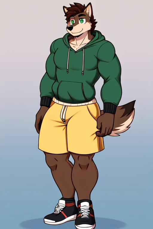 ((best quality)), ((masterpiece)), (detailed), perfect face, perfect eyes, perfect anatomy, perfect shading,
Name: Kevin Percival Heroux
Age: 20
Species: anthropomorphic wolfdog (70% Gray Wolf, 25% Tamaskan wolfdog, 5% Dingo),
Fur Colors: Russet Brown fur with black on the tips of his ears and brush of his tail,
hair: dark brown with black tips
Eyes: dark sap green eyes
Height and Weight: 6'1 and 173 lbs,
Proportions: 41" Chest, 19" Shoulders, 13" Biceps, 32" waist, 23" Thighs, 15" Calves, 19" Back
Outfit: lime green hoody, gray-green T-shirt, gray-ish green sweat shorts, dark slate gray slip on shoes
Personality: INFP 5w4 (459), Steadiness/Conscientious (Disc type)
Pastel colors, soft shading, soft colors, vivid colors