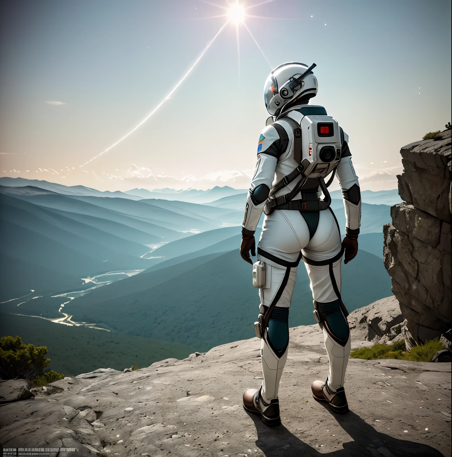 masterpiece, Highly detailed RAW color Photo, wide shot, Full Body, of (Young Woman space soldier, wearing brown and white space suit, helmet, tinted face shield, rebreather, accentuated booty), outdoors, (looking up at advanced alien structure, on alien planet), toned body, big butt, (mythpunk), (mountains:1.1), (lush green vegetation), (two moons in sky:0.8), (highly detailed, hyperdetailed, intricate), (lens flare:0.7), (bloom:0.7), particle effects, raytracing, cinematic lighting, shallow depth of field, ((RAW, analog style)), cinematic lighting, atmospheric lights, god rays, ultra detailed, bloom, dramatic atmosphere, centered, rule of thirds, f/4, 17mm, Aerial Shot,