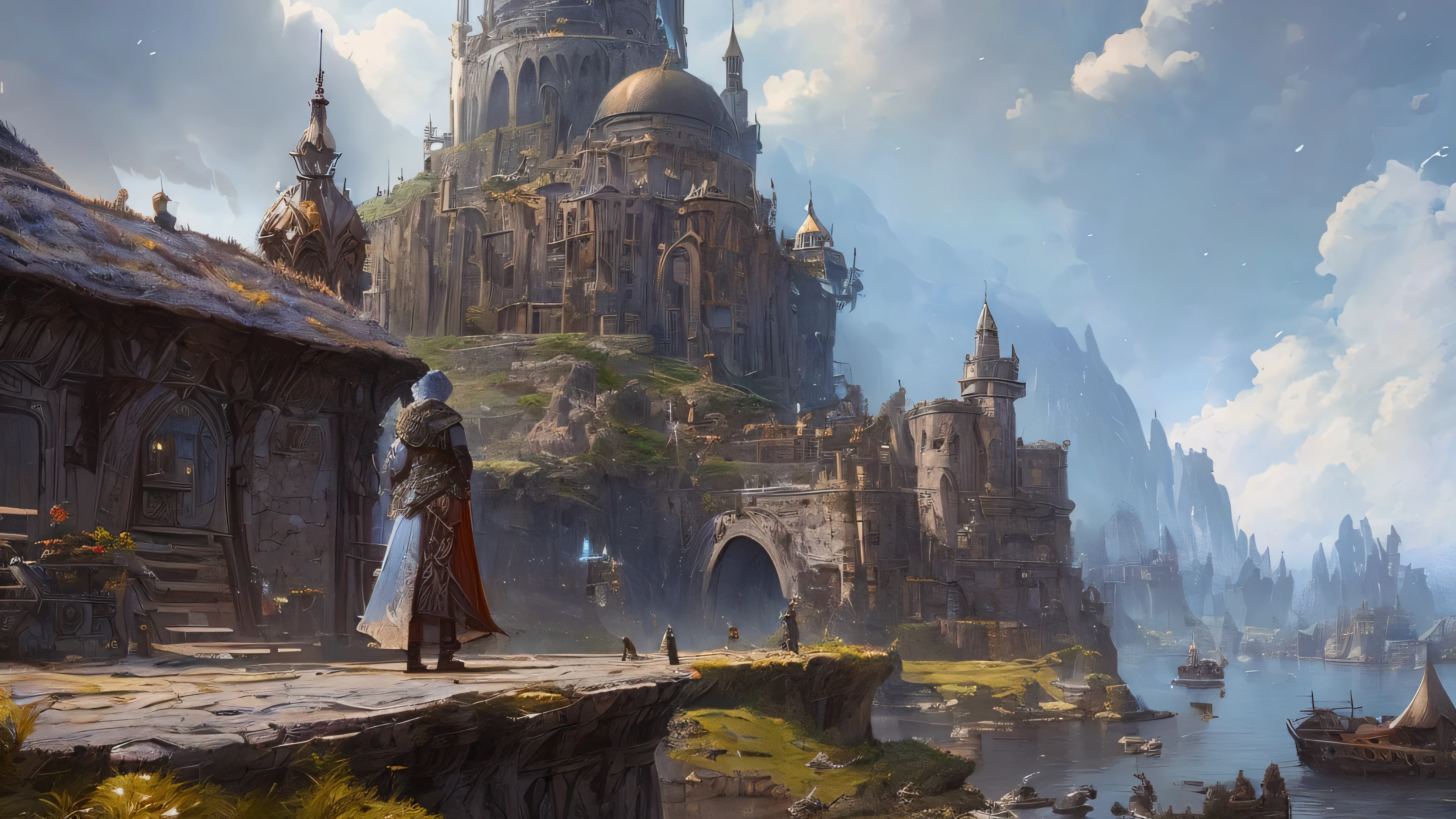 "(by Greg Rutkowski: 1.2), (masterpiece), ((best quality)), extremely delicate and beautiful, illustration, dynamic lighting, (fantasy landscape), A mesmerizing fantasy landscape with enchanting elements blending seamlessly. ((Hero arriving on a ship in a medieval coastal city (Neverwinter) to begin his adventure)), A sense of tranquility and wonder fills the air, inviting exploration and discovery. Providing a distant view that captures the grandeur and atmosphere. From Brian Froud and Carne Griffiths and Wadim Kashin and John William Waterhouse, 8K post-production, high resolution, ((highly detailed)), depth of field, HDR, intricate"
