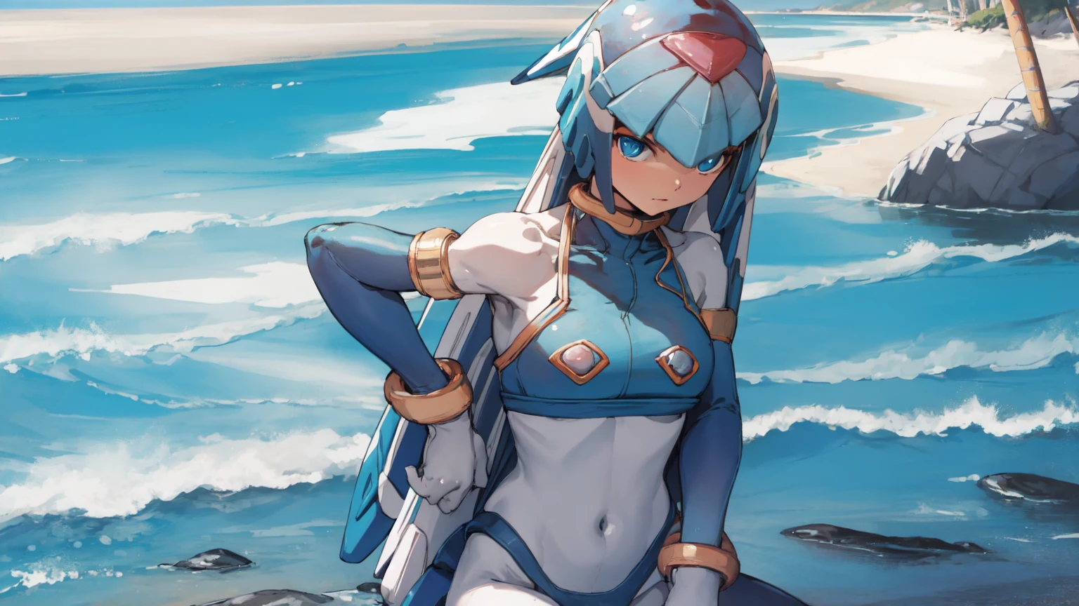 beach background, Standing, leaning on a rock, looking towards the sea flushed , Blue Micro bikini, Blue eyes , Sitting on a sea chair, Vibrator in hands