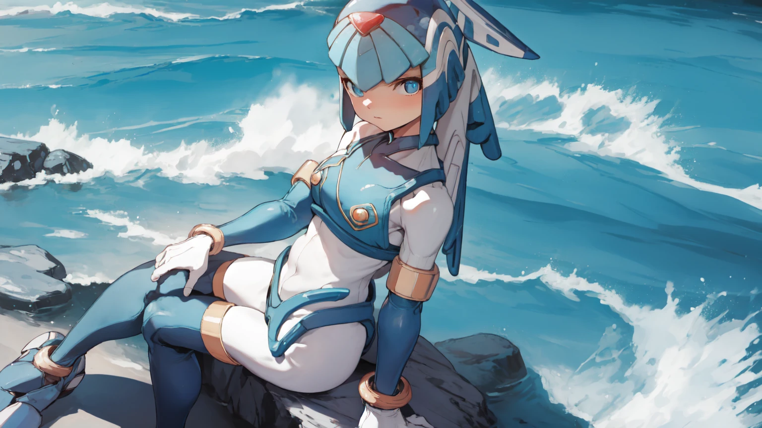 beach background, Standing, leaning on a rock, looking towards the sea flushed , Blue Micro bikini, Blue eyes , Sitting on a sea chair, Vibrator in hands