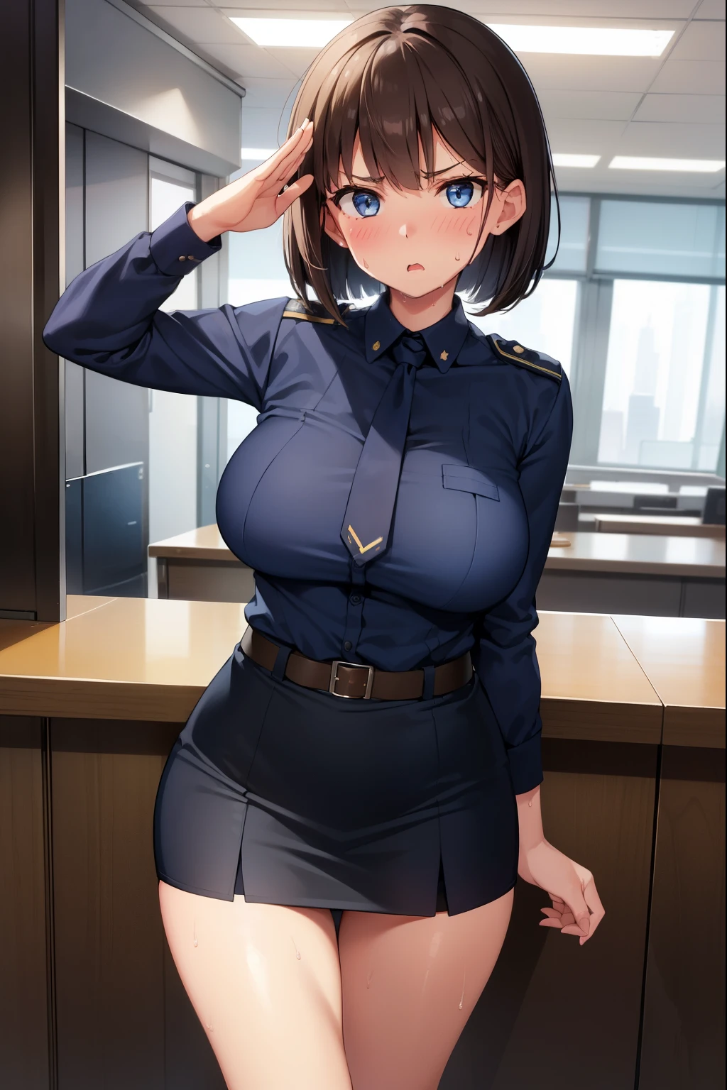 ,1 girl,Navy Blue American Police,navy blue mini skirt,blue eyes,serious face,brown hair,bob hair,New York City,Big Breasts,blush,Sweat,diagonal,thin,director&#39;office,Get on your desk, salute,Are standing,Open your mouth a little