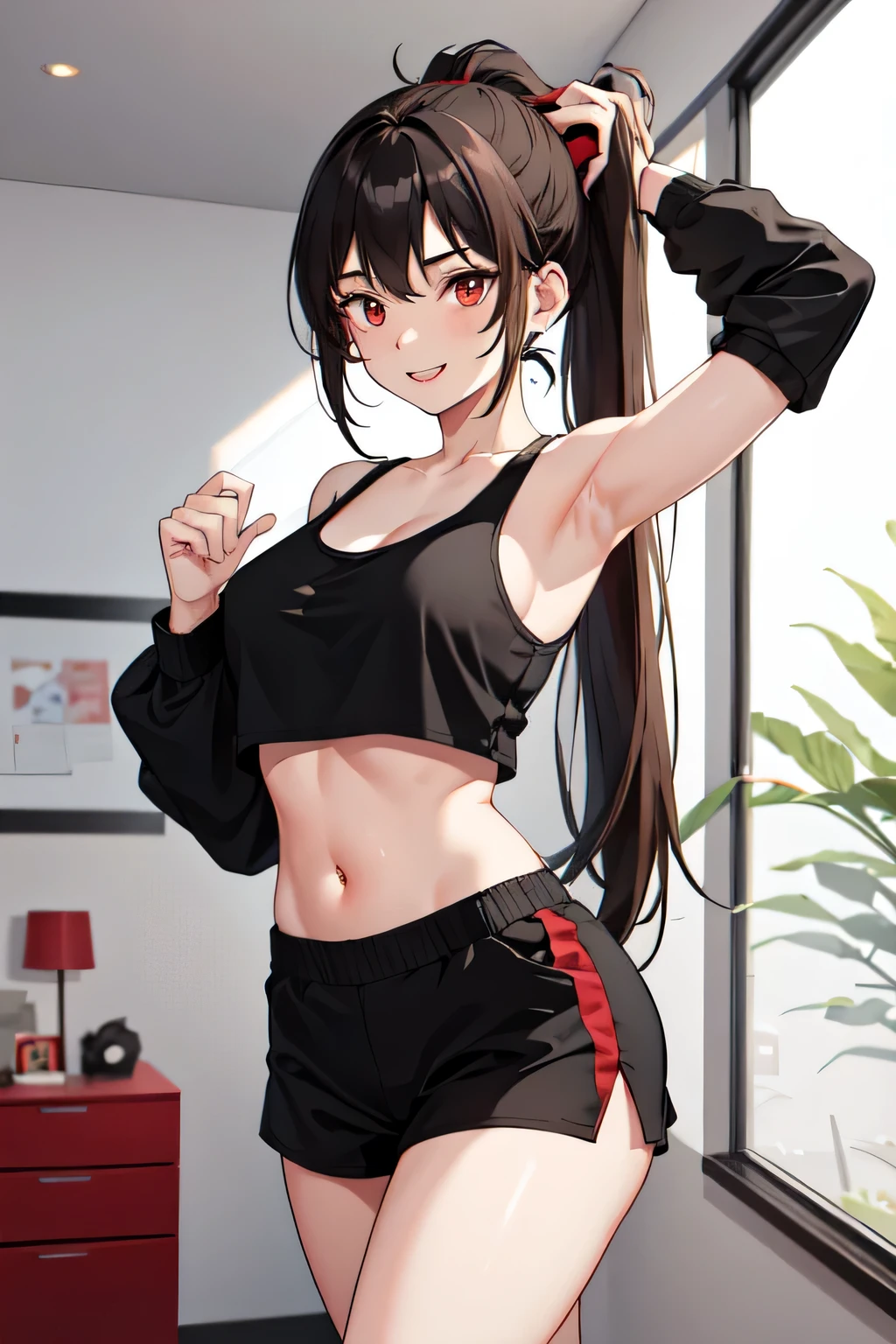 1girl,20y.o,using black crop top and tank short,brown hair,mullet haircut,long hair,ponytail hairstyle,light red eyes,bedroom open the door background, happy expression