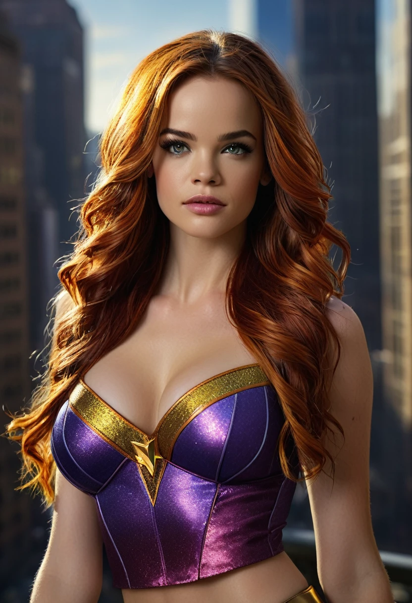 photo of beautiful Danielle Panabaker as Starfire from Teen Titans, large breasts, cleavage, flying above Manhattan, full length shot, modelshoot style, (extremely detailed CG unity 8k wallpaper), professional majestic (photography by Steve McCurry), 8k uhd, dslr, soft lighting, high quality, (film_grain:1.2), Fujifilm XT3 High Detail, dramatic, (looking at viewer:1.2), (detailed pupils:1.3), (natural light), (((full body shot:1.3))), perfect body, beautiful face, long hair, very detailed eyes, intricate details in eyes, puckered lips, perfect fit body, wide hips, small waist, thick thighs, firm abs, beautiful body, extremely detailed, intricate details, highly detailed, detailed skin, realistic skin texture, texture, detailed eyes, maximum detail, roughness, real life, ultra realistic, photorealism, photography, absurdres, RAW photo, highest quality, high detail RAW color photo, professional photo, highres, super detailed