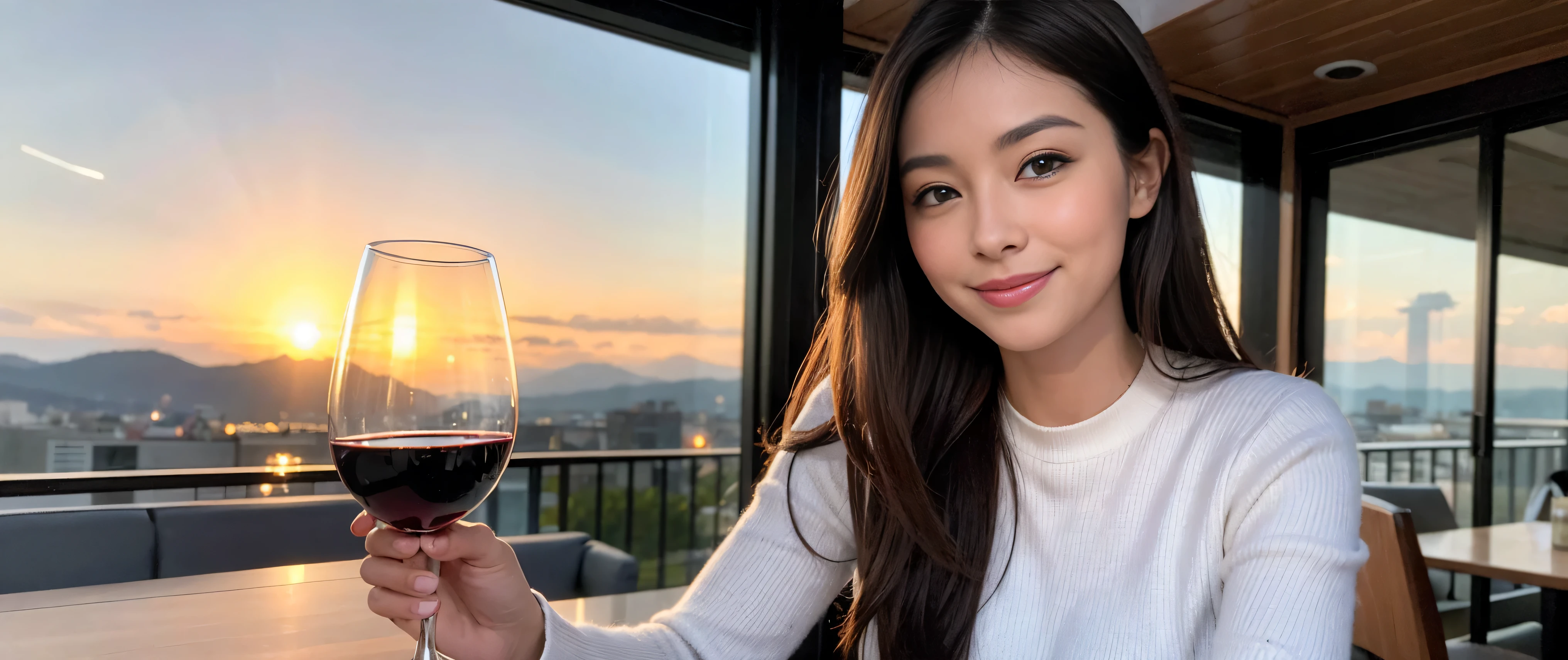 ((highest quality、8k、masterpiece:1.3))、Beautiful woman perfect body:1.4、2 women、Slim body、((Bob Hale、Straight hair:1.2))、 Ultra-high resolution, Bright image、2. The beauty of wine, Beautiful Face, blue eyes, Beautiful Eyes, The light shines on your face, Blushing your nose, short hair,Amazing view of the sunset sky and clouds、Amazing mountain views、A bright smile、A lovely woman with a smile、Bright Face、Fox face、Lady、Champagne、Wine bottle、wine glass、red wine 、Appetizers、Italian food、Two beauties、Brown Hair、Shortcuts、Long sleeve shirt、Winter Fashion、dress、Wine bottle、sparkling wine、Pretty Woman 1, (Slim face), (Brown Hair), (Shortcuts), cheeks turn a little red, (42 years old), 39 years old, Attractive beauty、restaurant, Nova Frog Style, actress, model, Upper Body, White wine, slim, wine glass, A wine glass placed in the middle, smile, (smile: 1.15), Beautiful Eyes, Strong light and shadow,Moist Body:1.5、Delicate eyes、Brown Hair、The hair is very shiny、