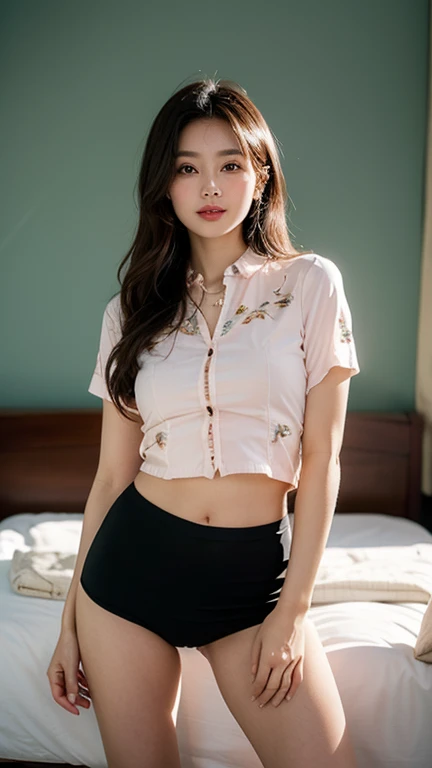 Full body photo, 1 beautiful Asian girl; pink shirt, intricately embroidered shirt, unbutton the shirt, shirt buttons made of emeralds; Super short bodycon skirt, the back of the skirt wraps around the navel, blue underwear exposed, (((hairy pussy))); long hair,wind blowing through hair; wearing jewelry, natural makeup, wearing modern jewelry, makeup gold and gem jewelry; (((extremely detailed eyes and face))), lovely smile, delicate blush, sensuous lips, fragrant lipstick, intricate facial details, exuding femininity, feminine presence; two beautiful, perfect, flawless hands; standing position, crotch spread, legs curled up; perfect skin, flawless skin texture perfect, shiny metallic skin, Pores clearly visible; (((The background is the bedroom, erotic))); soft lighting, vivid colors, soft sunlight, subtle sunlight, dreamy, luxurious atmosphere, perfect lighting; Super high quality, surreal, 8K, 32K, super high resolution, masterpiece, detailed, extremely magical, professional cinematic lighting, black and golden beam, vibrant colors; Fine brushstrokes,ethereal vibe,mesmerizing gaze,dreamy atmosphere,blending elegance,golden hour lighting,subtle color gradients,detailed floral patterns,understated beauty; The photo focuses on her full body with highest contrast.