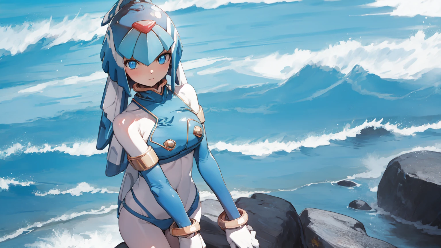 beach background, Standing, leaning on a rock, looking towards the sea  flushed  , Blue Micro bikini, Blue eyes , Sitting on a sea chair, Vibrator in hands[NSFW] 