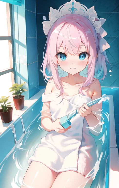 bath towel,Soft lighting,water vapour,water色の髪,Medium Hair,Bathtub,blush,blue eyes,shampoo,hair dryer,hairbrush,Highly Detailed CG Unity 8K Wallpaper,figure,lens 135mm,masterpiece, highest quality,Young girl,Naughty face,aqua gradient eyes,Cowboy Shot,Sitting,From above,water,