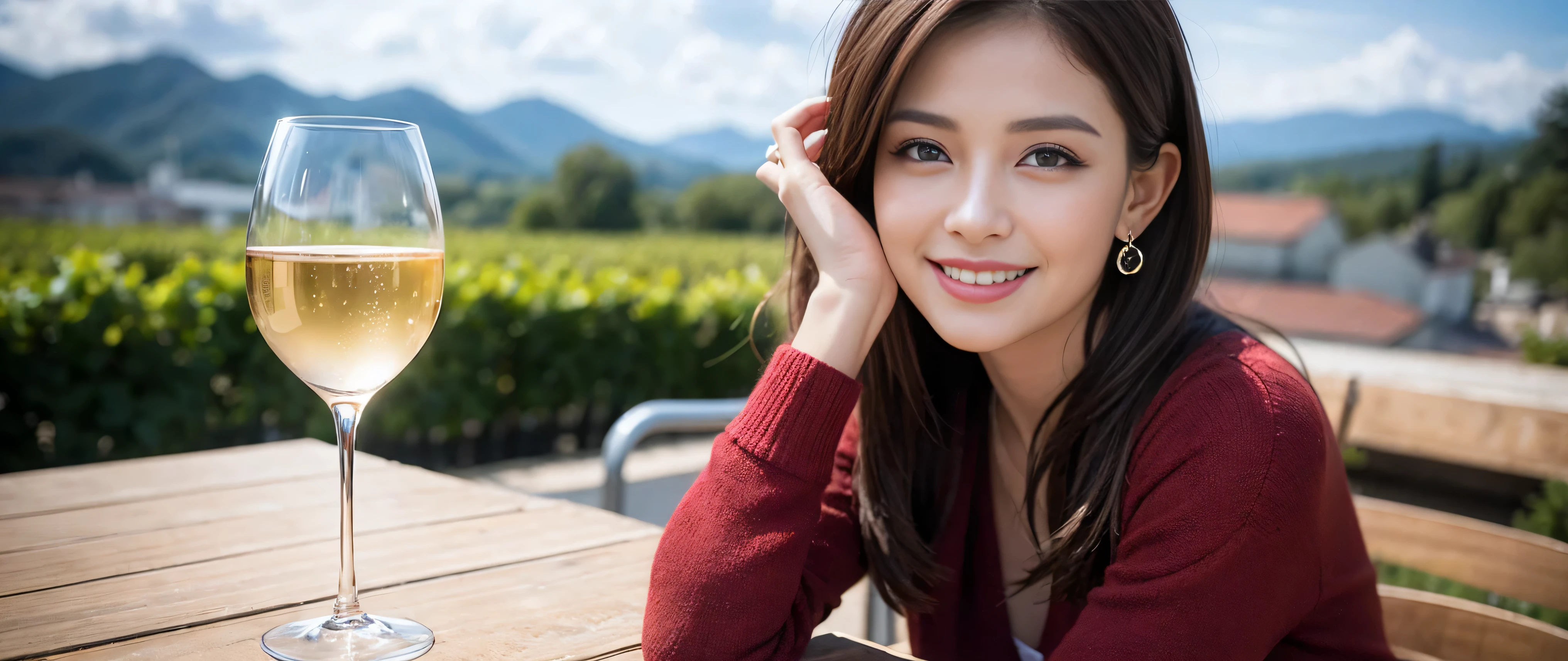 ((highest quality、8k、masterpiece:1.3))、Beautiful woman perfect body:1.4、Slim body、((Bob Hale、Straight hair:1.2))、 Ultra-high resolution, Bright image、2. The beauty of wine, Beautiful Face, blue eyes, Beautiful Eyes, The light shines on your face, Blushing your nose, short hair,Spectacular view of the sunset sky and clouds、Amazing mountain views、A bright smile、A lovely woman with a smile、bright face、Fox face、Lady、Champagne、Wine bottle、wine glass、red wine 、Appetizer、Italian food、Two beauties、brown hair、Shortcuts、Long sleeve shirt、Winter Fashion、dress、Wine bottle、sparkling wine、Pretty Woman 1, (slim face), (brown hair), (Shortcuts), cheeks turn a little red, (42 years old), 39 years old, charming beauty、restaurant, Nova Frog Style, actress, model, Upper Body, White wine, slim, wine glass, wine glass placed in the middle, smile, (smile: 1.15), Beautiful Eyes, Strong light and shadow,Moist Body:1.5、Delicate eyes、brown hair、The hair is very shiny、