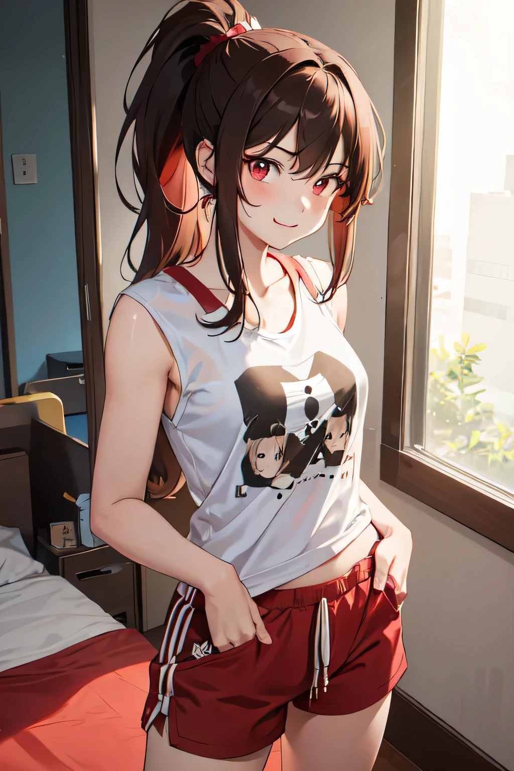 1girl,20y.o,using T-shirt and tank short,brown hair,mullet haircut,long hair,ponytail hairstyle,light red eyes,bedroom open the door background, happy expression