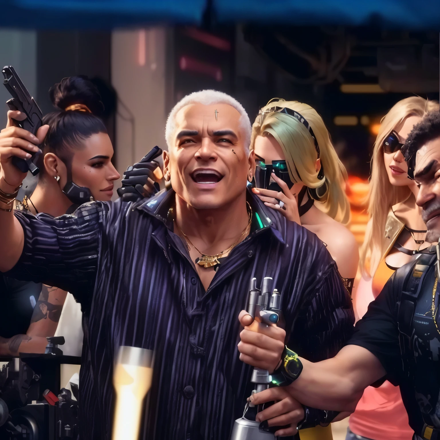 a 40 yaers old android mechanic humanoid with cyberware and implants on face and mechanic eyes, brazillian miliciano clothes and a cyberpunk pistol, golden necklaces and golden braceletes, a lot happy