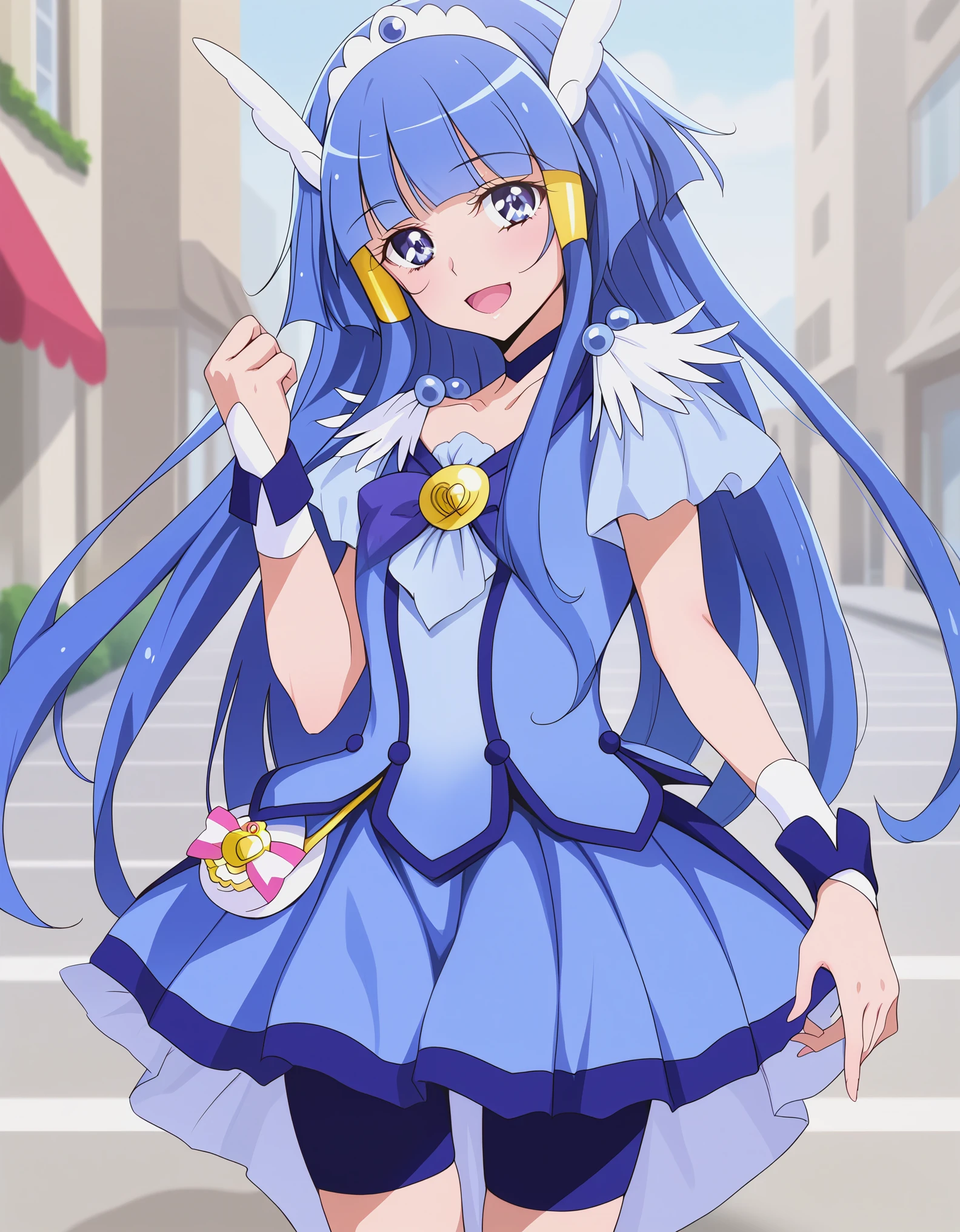 score_9, score_7_up, masterpiece, best quality, source_anime, anime screencap, BREAK AR-CB, 1girl, blue eyes, (long hair:1.1), hair tube, sidelocks, blue hair, blunt bangs, hair ornament, head wings, tiara, blue choker, (blue neckerchief:1.1), blue shorts, blue skirt, bike shorts, shorts under skirt, blue wrist cuffs, knee boots, BREAK flat chest, smile, blush, open mouth, head tilt, cameltoe, pantyshot, wide stance, (sexy pose:1.1), BREAK wind lift, outdoor, city, street, building,