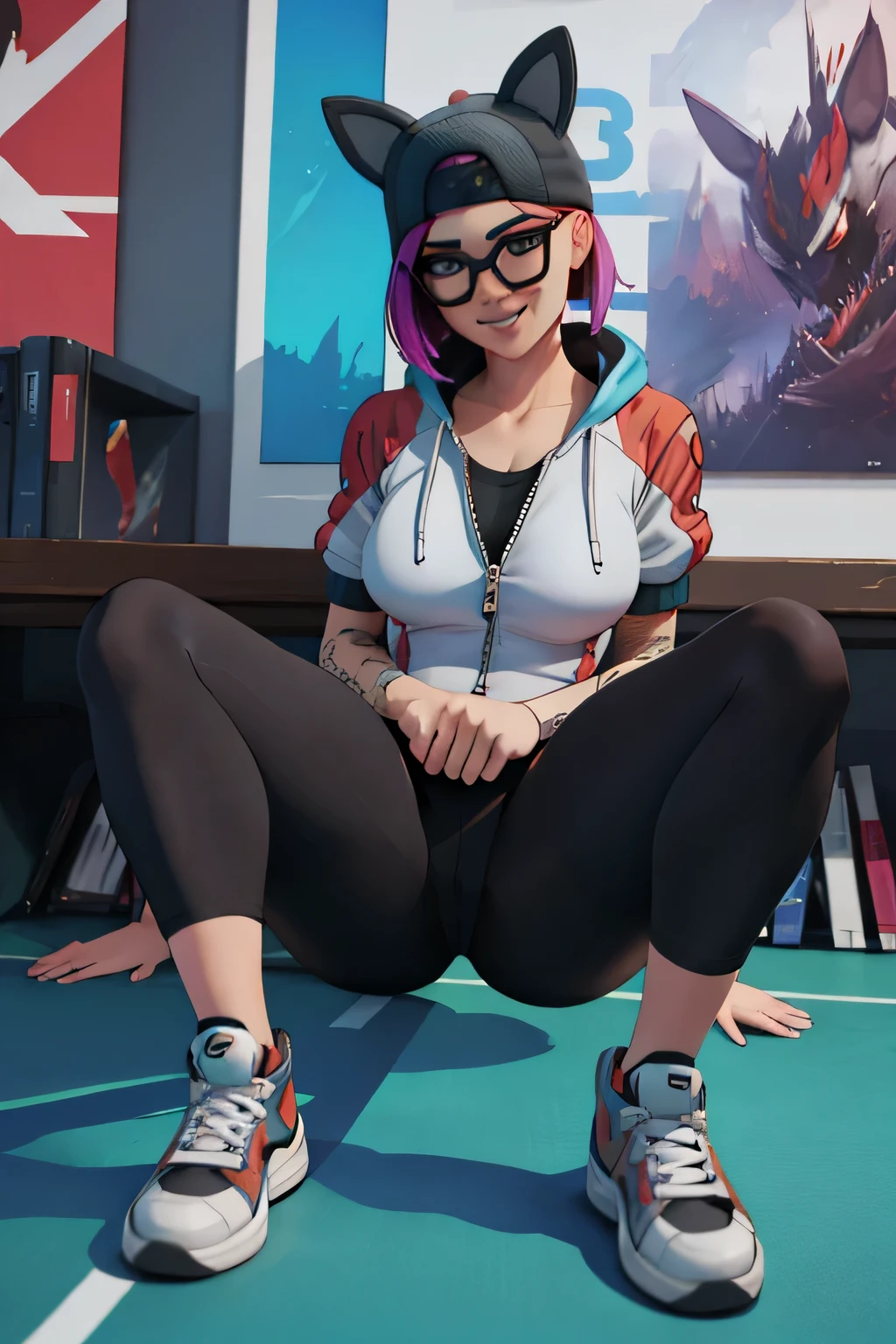 Leggins negros lince con chaqueta negra con gris,  videojuegos, piernas cruzadas, tenis converse, sonriendo, guantes sin dedos con gafas zona gamer