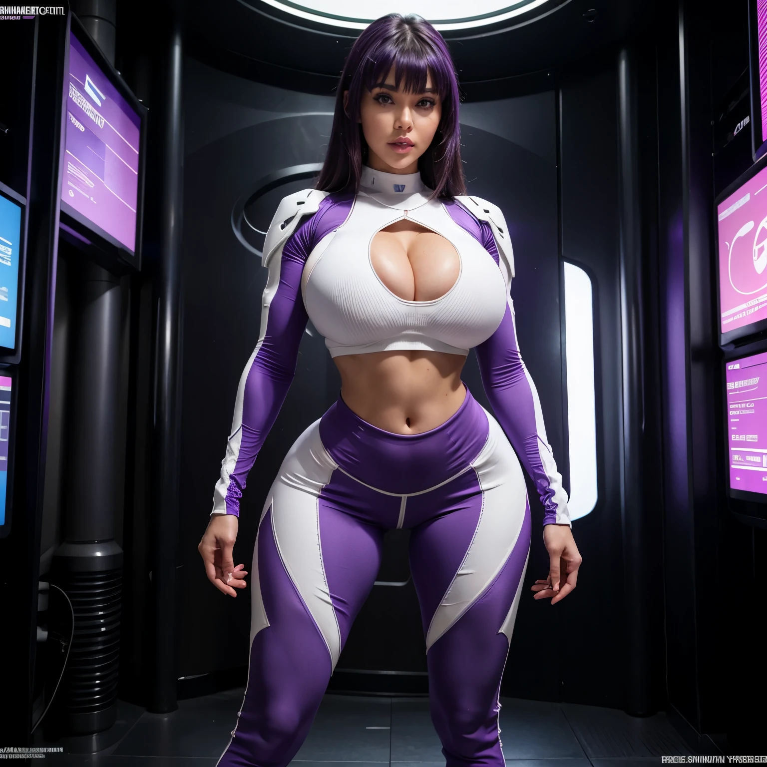 HUGE FAKE , FRONT BANGS, (BEAUTY PURPLE, WHITE), SEXY MECHA ARMOR, (CROP TOP), (SKINTIGHT YOGA PANTS), FUTURISTIC MECHA SUIT, (CLEAVAGE), (TALL LEGS), (MECHANICAL BOOT), (LOOKING AT VIEWER), (STANDING), SEXY BODY, MUSCLE ABS, UHD, 8K, 1080P.