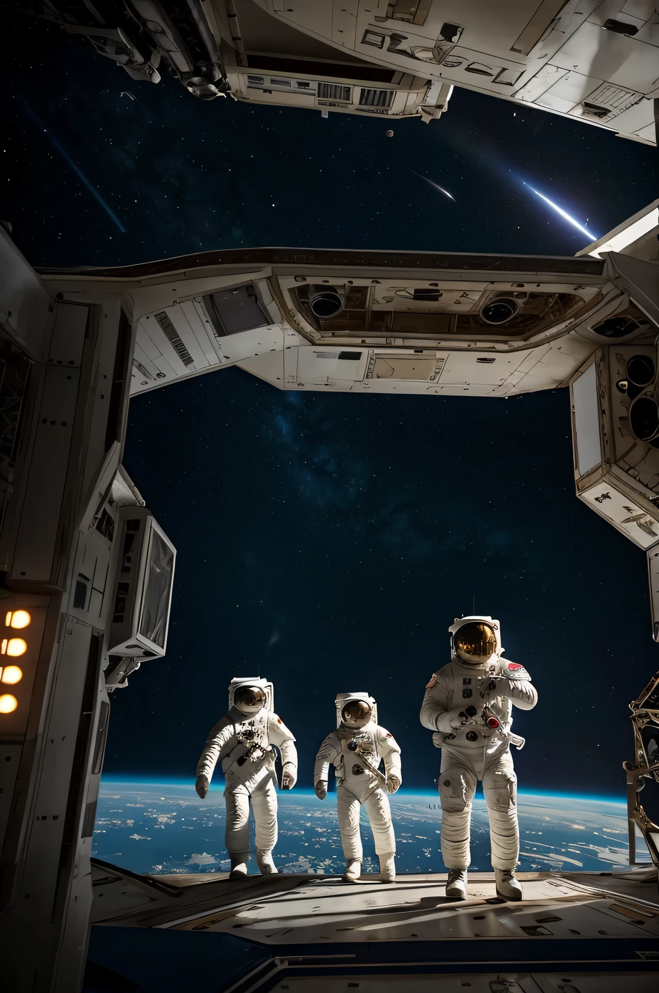 Astronauts wave goodbye to Earth on a rundown spaceship, NASA, cinematic lighting, surreal, sci-fi, Earth