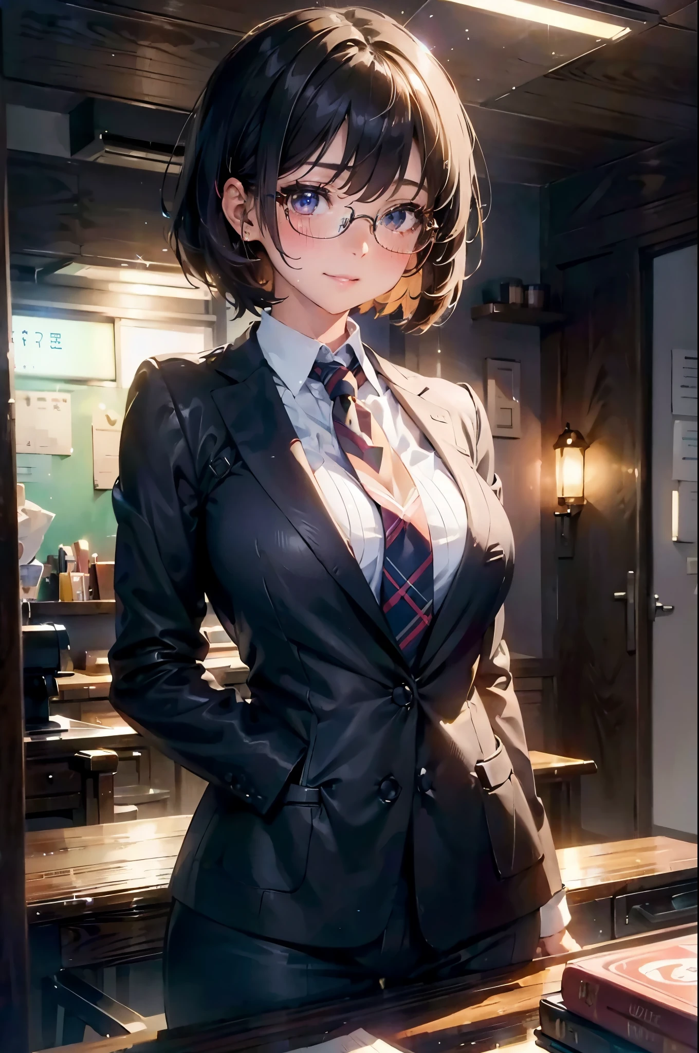 ((masterpiece)), ((best quality)), (Super detailed), ((Kawaii)), Lovely, (charming), ((Sexy)), (equipment), ((Extremely detailed)), 4K, (8k), best quality, (fair), illustration, anime style, , Dynamic angle, whole body, Upper Body, level, office, personal, in the room, a Lovely girl, 1 Girl, Solitary, suit, fair black hair, fair black eyes, ((fair eyes)), Fair skin, short hair, Large Breasts, Glasses, necktie, tie, cool, Grinning, blush, Glittering效果, lens flare, Glittering, Glittering,((Huge tits))