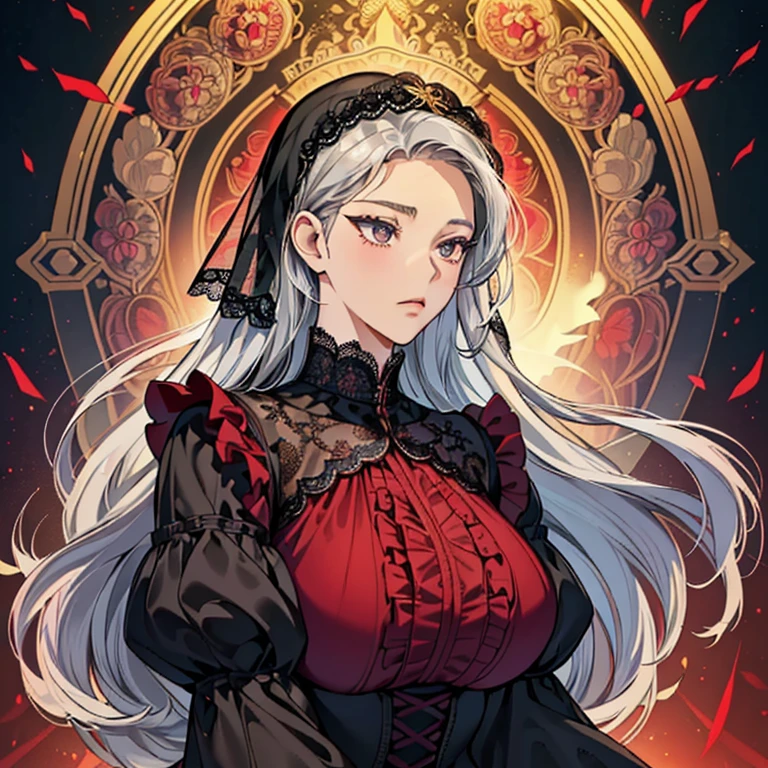 (Anime Moe Style)),((game CG)),(masterpiece),(highest quality), (Very detailed),shape,((Very delicate and beautiful)),　,Embarrassed expression,Watching the audience,(((18 years old female)),((whole body)),Detailed face and eyes,Intense eyes like jewels,(Short Bob),,,(Super huge breasts,Long and saggy breasts,）　　　　Voluptuous body　Silver hair, black eyes　　A long-sleeved, long-skirted dress made entirely of gorgeous lace. A lace outfit that fits perfectly to the body. Gorgeous black and red lace fabric. Princess line with gold thread. Sleeveless. Veil on head. Raging eagle pose. Gorgeous lace fabric. Frilly.