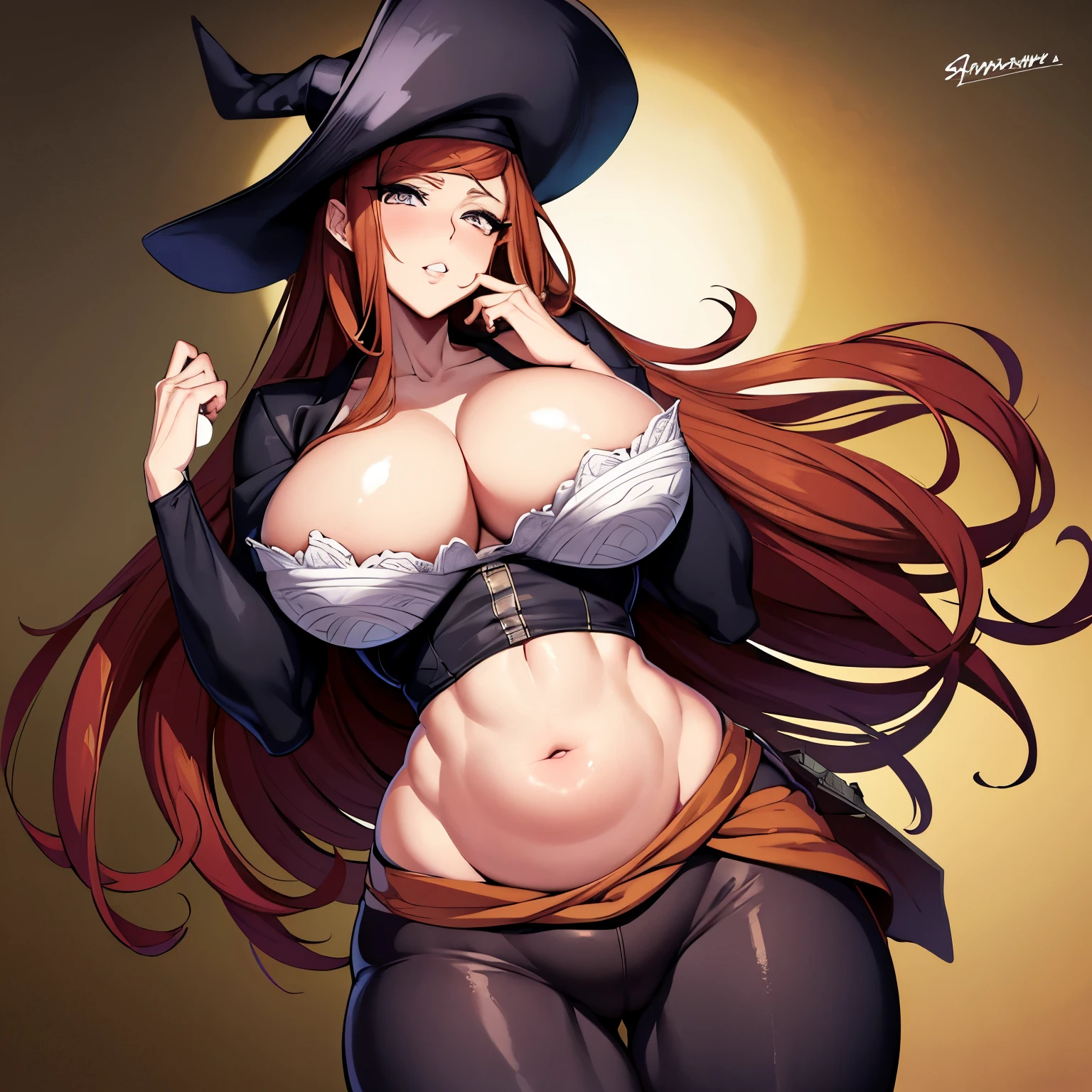 a cartoon picture of a woman in a pirate hat and black pants, a manga drawing by Shingei, pixiv, renaissance, manhwa, webtoon, webtoons, oppai proportions, doujin, powerful and huge, oppai, anya from spy x family, (sfw) safe for work, she has a jiggly fat round belly