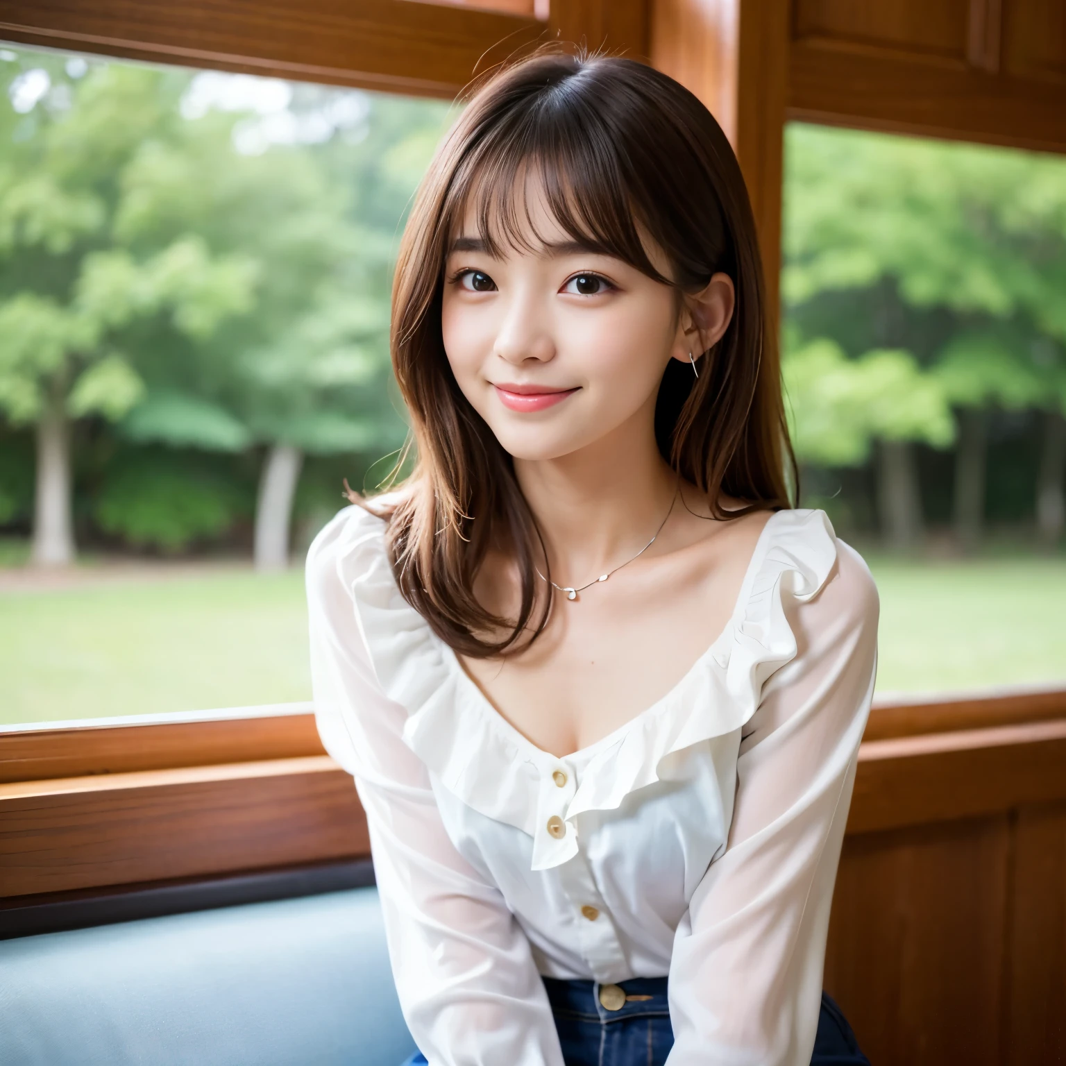 Best-quality, Masterpiece, Ultra-High-Resolution, (Photorealistic:1.4), Raw-Photo,
((front view)), at living-room,
1girl, the most famous Japanese idol, (((leaning forward), hands on knees)),
(wearing white blouse with frilled, extremely loose blouse with wide-neckline, long-sleeve blouse),
the most cute face, the most cute big-eyes, the most cute hairstyle, the most cute long-eyelashes, the most cute lips, the most beautiful skins, extremely childish body,
looking at viewer, innocent-smile