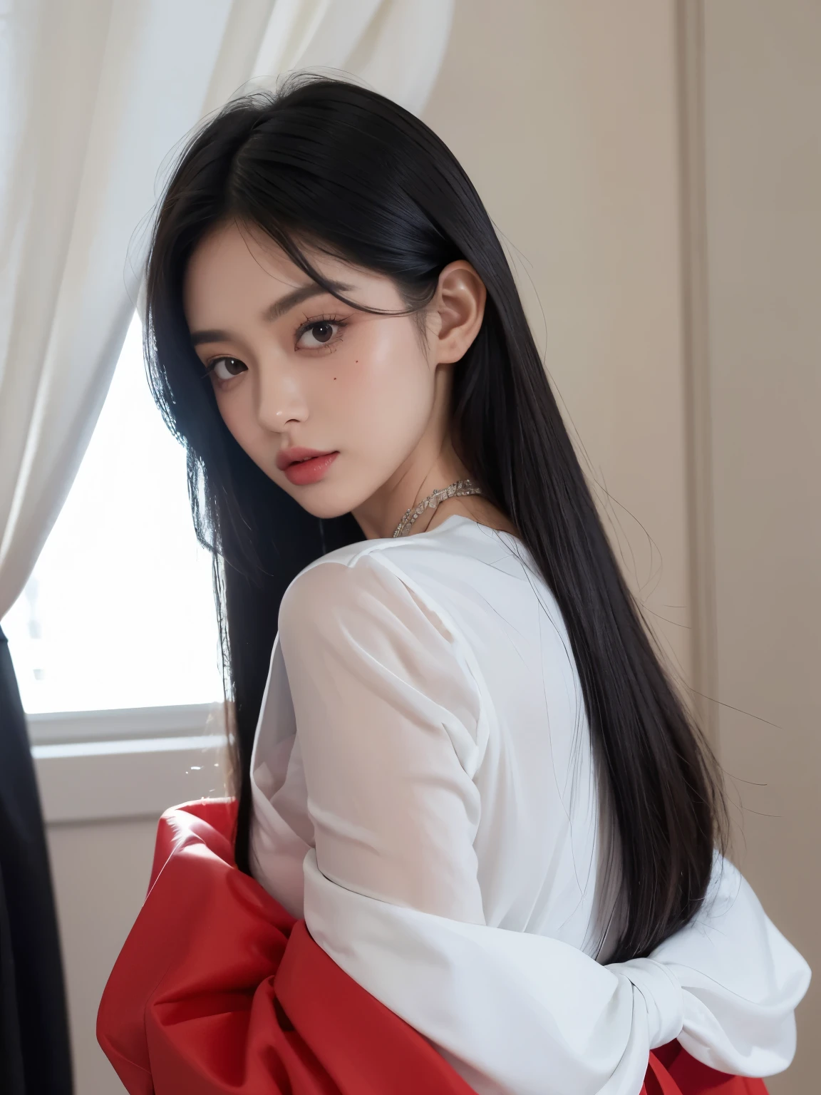 Kim jennie con el cabello negro oscuro, con rulos en las puntas del cabello negro oscuro, con un ganchito de estrella en el cabello negro oscuro, ojos de color claro, ojos bonitos, ojos llorosos, nariz bonita y respingada, labios bonitos, labios rosas, heart and cupid shaped lip, piel bonita, pale, piel blanca, con lunares y pecas en todo el rostro, rubor rosa suave en las mejilla, rubor rosa natural, maquillaje suave y rosa, jennie, cuellos bonito, cuello marcado, frown, mirada enojada, con un collar de beso, un collar bonito de beso, mientras tiene un traje de Yumeko Jabami, cospaly de Yumeko Jabami, mientras tiene una camisa blanca, con tiene un traje de color rojo encima de su camisa blanca, apretado a su cuerpo, con una falta negra corta mientras tiene el abdomen desnudo, delgado, marcado y bonito, (pechos grandes, pechos suaves, pechos bonitos, pechos naturales), mientras esta haciendo cospaly del personaje Yumeko Jabami, del anime Kakegurui, mirando a la camara, autofoto, selfie bonita
