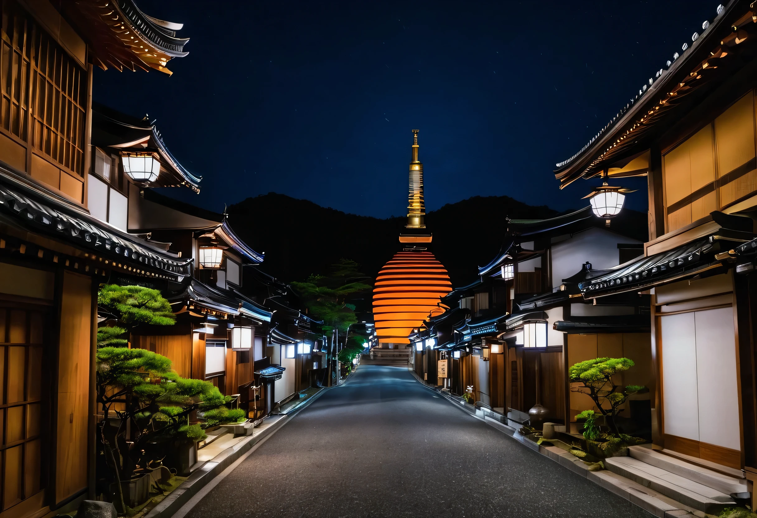 Alafed view of the street with the stupa in the background, Japan Deeper Journey Exploration, Kyoto, Japan Streets, Kyoto inspired, Japanese cities at night, Kyoto japan setting, Japanese cities, Japan at night, Japanese town, edo japan, ancient japanese architecture, Japan Tourism, in a Japanese town at night, Japan legacy, japanese village, Japanese Temples