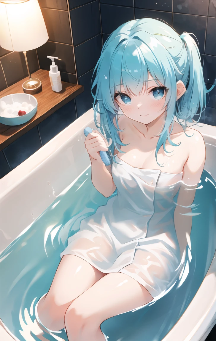 bath towel,Soft lighting,water vapour,water色の髪,Medium Hair,Bathtub,blush,blue eyes,shampoo,hair dryer,hairbrush,Highly Detailed CG Unity 8K Wallpaper,figure,lens 135mm,masterpiece, highest quality,Young girl,Naughty face,aqua gradient eyes,Cowboy Shot,Sitting,From above,water,Transparent,Transparent