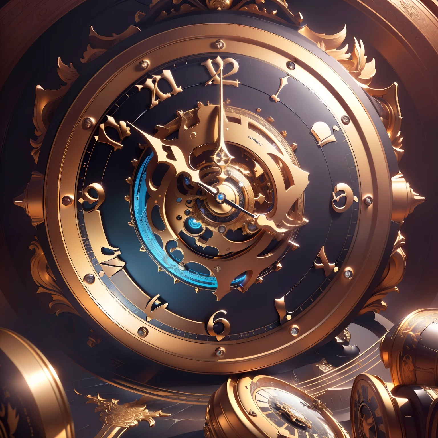 Complete clock，masterpiece, best quality, (Extremely detailed CG unified 8k wallpaper), (best quality), (Best Illustration), absurd, Realistic lighting, (abyss),  Artworks by Peter Mohr Bacher,(No human-related:1)